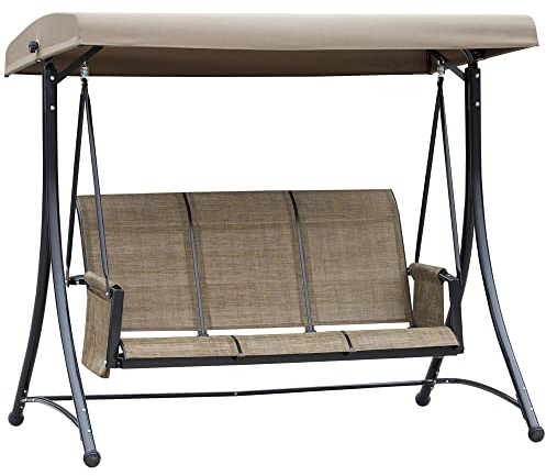 Outsunny Dondolo da Giardino a 3 Posti con Tettuccio Regolabile e Tasche Portaoggetti Marrone 196x128x172cm