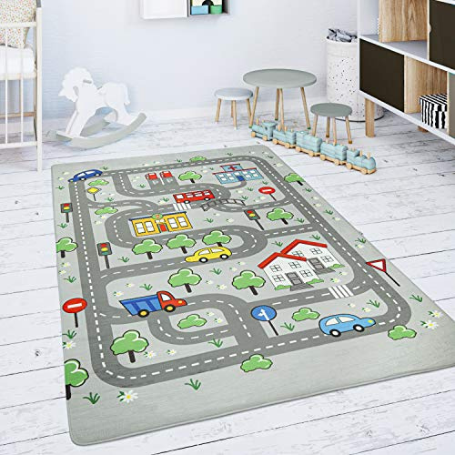 Paco Home Kinderteppich Teppich Kinderzimmer Spielmatte Spielteppich Straßenteppich rutschfest Modern Grau, Grösse:155x230 cm