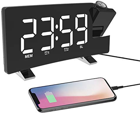 ThreeH Digitaler Projektionswecker UKW-Radiouhr mit USB-Ladegerät, Weiß | 2 Weckereinstellungen, 5'' großes Display, Schlummerfunktion