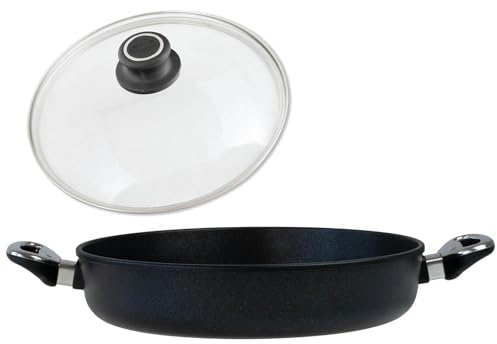 BAF XL Kasserolle Ø 32 cm mit Deckel (Set) - flacher Rand - große runde Servierpfanne beschichtet aus Aluminiumguss - ohne Induktion - Made in Germany