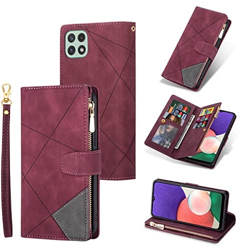 UEEBAI Étui Portefeuille pour Samsung Galaxy A22 5G, Vintage en Cuir PU de qualité supérieure avec Fentes pour Cartes, Fermeture magnétique, Poche zippée, Sac à Main béquille avec dragonne, Rouge vin