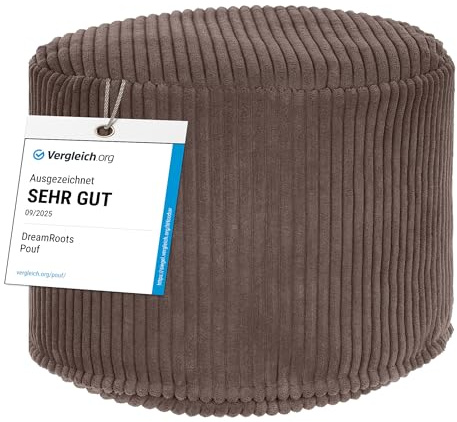 DreamRoots Cord Pouf Hocker rund 50x50x35 cm, Roasted Cocoa | Runder Bodenstuhl, Sitzkissen Boden, 380 g/m², für Wohnzimmer, Schlafzimmer & Homeoffice, waschbar, Fußhocker