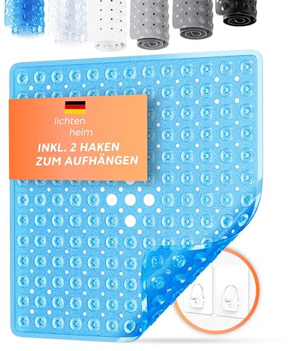 LICHTENHEIM Duschmatta, halkfri, känslig 53 x 53 cm – inkl. 2 krokar – badkarsmatta halkfri – halkfri matta, badkar, BPA-fri – badmatta, mögelresistent och tvättbar (blå transparent)