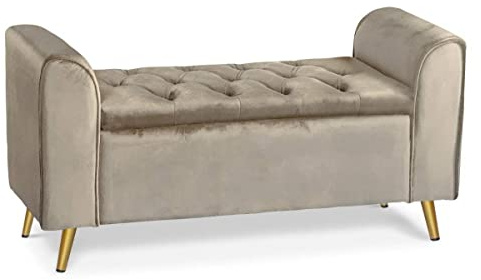 Menzzo Banc Coffre Winnie en Velours Taupe avec Pieds Dorés – Banc de Rangement Rembourré pour Entrée, Chambre ou Salon – L114 x P43 x H58 cm