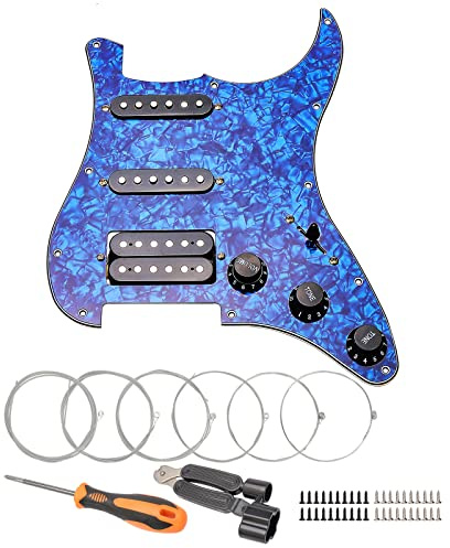 Unxuey Schlagbrett für E-Gitarre, 3-lagig, SSH beladen, vorverdrahtet, Humbucker-Schlagbrett, Schlagplatte-Set für Gitarre, Blue Pearl, mit Alnico-Tonabnehmern, Gitarrensaiten und Montagewerkzeug