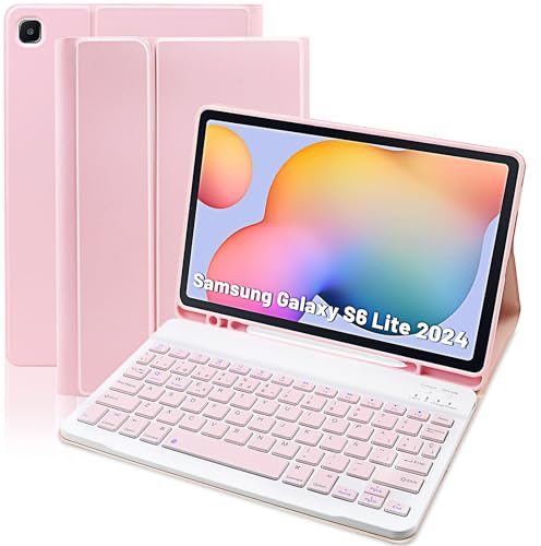 Zabatoco Funda con Teclado Español Ñ para Galaxy S6 Lite 10.4, Rosado | Funda de Cuero con Teclado Bluetooth Desmontable para Samsung Tab S6 Lite (SM-P620/P625/P613/P619/P610/P615,2024/2022/2020)