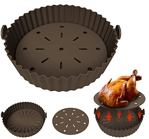 Echify Teglia in Silicone per Friggitrice ad Aria - 24cm Contenitori per Friggitrice con Tappetino per Filtro Olio Accessori Friggitrice ad Aria Cestello Grigio