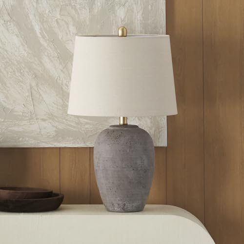 Nourison Home 23 Greyish Brown Earth Tone Rustic Farmhouse Ceramic Table Lamp for Bedroom, Living Room, Dining, Office, with Beige Linen Shade