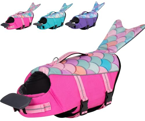 cyeollo Dog Life Jacket Mermaid Dog Safety Vest with Rescue Handle Refletive Strip Small Dogs Life Vests for Swimming Boating, Pink S