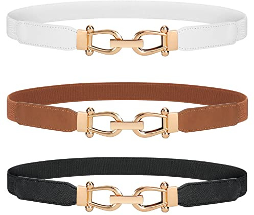 JASGOOD 3 Pack Women Stretchy Waist Belt Retro Elastic Skinny Belt for Ladies with Gold Buckle