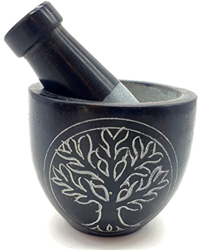 CRIGEMA - Set Mortaio e Pestello Albero della Vita in Pietra Ollare - 8x7cm - Mortaio per Erbe, Spezie e Incensi