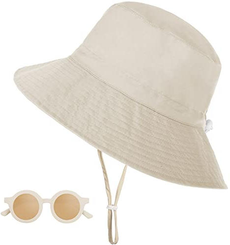 Sonnenhut Baby, UV Schutz UPF 50+ Breiter Krempe Fischerhut Kinder mit Sonnenbrille, Nackenschutz Bucket Hat mit Verstellbarem Kinnriemen, Strandhut für Mädchen, Junge - Beige, 6-24 Monate