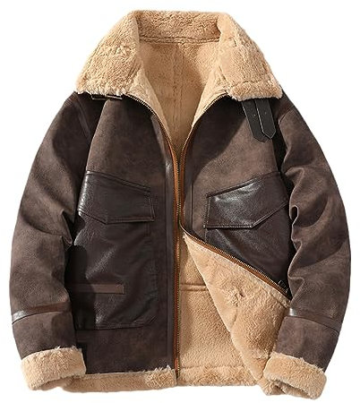 Männer Winter Leder Dicke Jacke Warme Outwear Patchwork Faux Lamm Wolle Pelzmantel Dark Brown 5XL