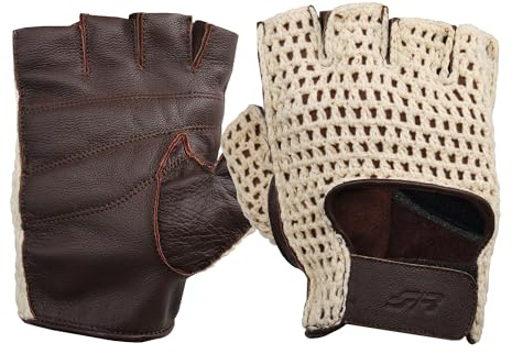 Simoni Racing GV4M - Guantes de conducción sin dedos para coche, estilo vintage, de piel auténtica y malla de algodón, talla M