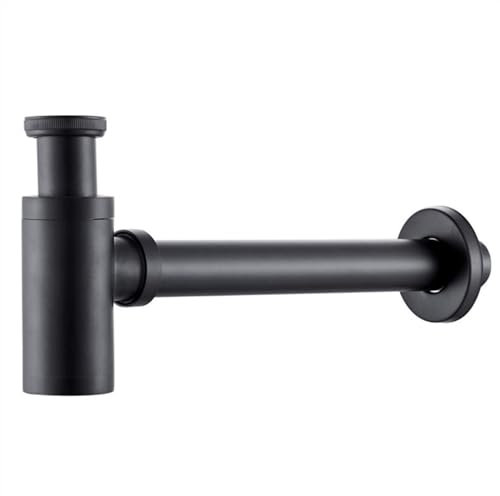 Universal Siphon Waschbecken-Ablaufgarnitur mit Messingkörper, Wandanschluss, Sanitär-P-Siphons, Waschrohr, Badezimmer-Waschbeckensiphon, Schwarz/Gebürstetes Gold/Chrom. (Color : Black)