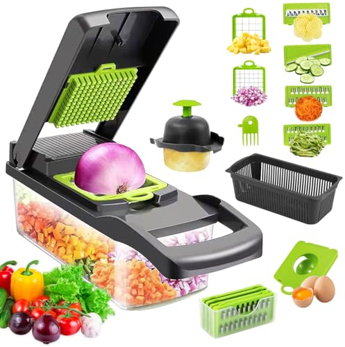 16 in1 Taglia Affetta Verdure Manuale Kit, Taglia Verdure Cubetti Multifunzione, Tritatutto Grattugia da Cucina, Taglia Verdure con 7 Lame in Inox, per Affettare Verdure, Tagliare, Grattugiare