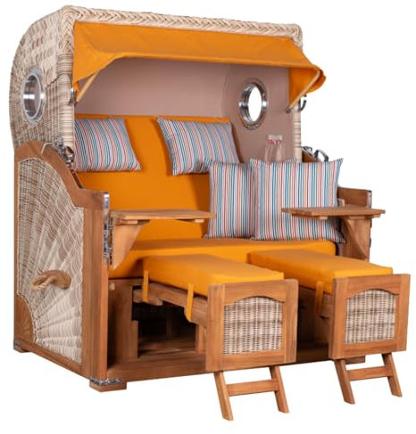 MR. DEKO® Strandkorb Düne Grande XL 2,5-Sitzer Teak | PE Geflecht Shell - Dessin 586 | Volllieger Strandstuhl mit Bullauge inkl. 2 Fußablagen | je 2 Kissen und Nackenkissen | Strandkörbe aus Teakholz