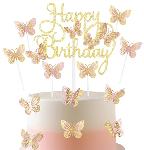 13 adornos de mariposa para tartas de feliz cumpleaños, decoración de pastel de mariposa dorada y rosa para pasteles, decoración de pastel de mariposa con purpurina, decoración de pastel con temática