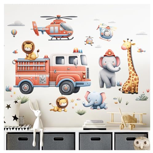 Little Deco Wandtattoo Dschungeltiere mit Feuerwehrauto DL5021 L