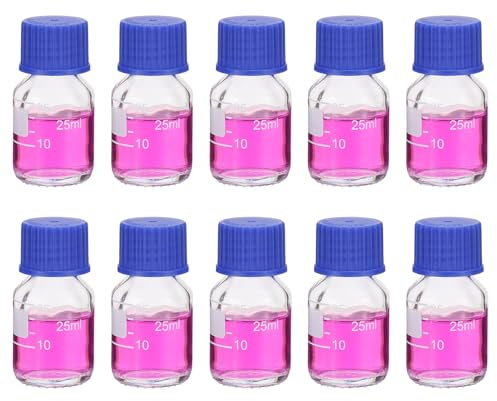 PATIKIL 10 Pack Reagent Media Storage Bottles, 25ml Borosilicate Glass Graduated Round Bottles with GL32 Blue Screw Cap for Lab Water Reagent Liquids, Clear