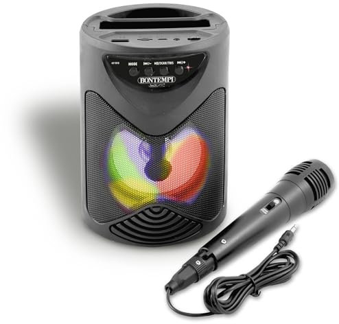 Bontempi | SonicSync - Amplificador Audio Karaoke Inalámbrico con Micrófono Dinámico, Compartimento para Smartphone, Efectos de Luz y Efecto Eco, 18,9x15,9x12,9 cm