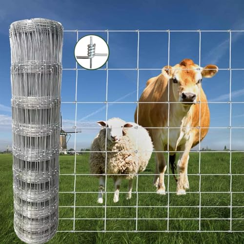 PRMTYUP Farmzaun Verzinkter Felddrahtzaun Schwerer Zinkbeschichtung Viehzaun Hirschzaun, Ziegenzaun, Schweinedrahtzaun Für Gartengarten & Tiere Schutz,Silber,H150XL4000CM