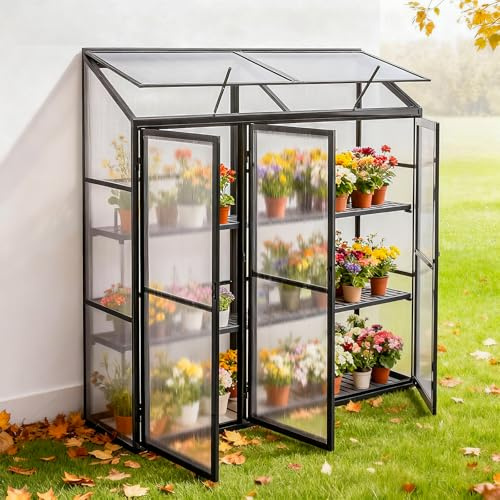 Euboer Aluminium Anlehngewächshaus Beistell Tomatengewächshaus klein Gewächshaus Dreitürig Treibhaus 190x55X180 cm schwarz