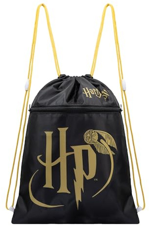 Harry Potter Turnbeutel Sportbeutel | Beutel Kordelzug Daypack | Gymsack | extra Staufach mit Reissverschluss | großes Logo und goldener Snatch