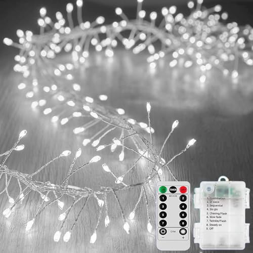 KINGCOO Guirnalda de luces en racimo con temporizador remoto, 3 m, 100 LED, alambre plateado, guirnalda de luces de petardo, funciona con pilas, 8 modos para exteriores, interiores, dormitorio, boda,
