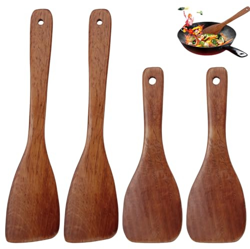 4Pcs Pfannenwender Olivenholz Holzschaber Holz Pfannenwender Spülmaschinenfest Kochlöffel HPfannenwender Kochlöffel Set Holz Antihaft Holzspachtel Für Küche Restaurant Kochen(22×7,5/32×7,8cm)