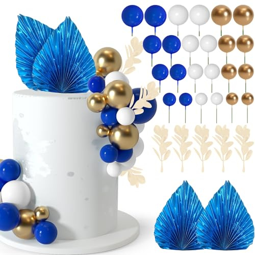 NEBURORA Pack of 64 Cake Decoration Balls Cake Topper and Leaf Decoration, Cake Topper Balloons Mini, Cake Baubles Decoration for Birthday Cakes (Blue Gold)