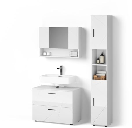 Livinity Badmöbel-Set Ronco Weiß Hochglanz | 3 Teile, mit Spiegelschrank 80 cm