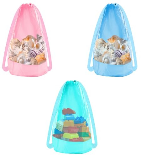 BOXOB 3pcs Beach Toy Bags, Large Capacity Mesh Sand Toy Bags Drawstring Closure Practical Seashell Collecting Storage Backpack for Holding Towels Beach Essentials