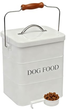 ZoeQide Réservoir à nourriture pour chien en métal 2,27KG – Récipient hermétique pour nourriture de chien avec couvercle, poignée en bois & cuillère – Boîte de conservation vintage pour la cuisine