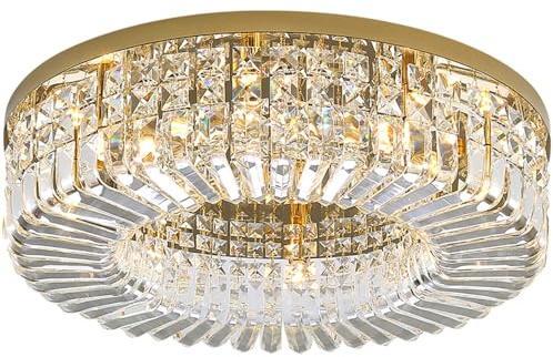LED Dimmbar Kristall Deckenleuchte Gold Wohnzimmer Deckenlampe Groß Wohnzimmerlampe Runden Edelstahl Deko Licht E14×8 Schlafzimmer Studie Restaurant Hotel Dekorative Beleuchtung Ø50cm (Gold)