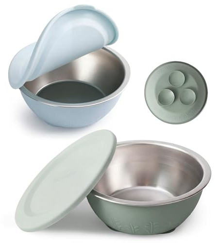 Moonkie Baby-Schalen aus Edelstahl mit Silikondeckeln und Saugbasis | Nahtloses Einteildesign | BPA-frei | 13 oz | Spülmaschinenfest | Ideal für Beikost ab 4M+ | 2er-Pack (Pastellblau/Salbeigrün)