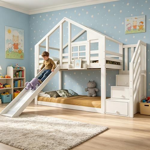 Su & Chan Legence Kinderbett 90 x 200cm mit Stauraum Treppe, Hochbett mit Rutsche und Rausfallschutz, Etagenbett Baumhaus mit Holz Lattenrost, Ohne Matratze, Weiß
