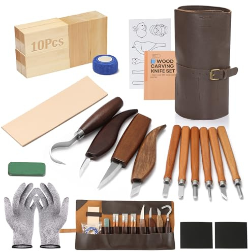 Ykall 28-Piece Wood Carving Kit for Beginners | 4 Carving Knives, 6 Detail Knives, 10 Wood Blocks, Leather Bag, DIY Whittling Set & Ideal Gift