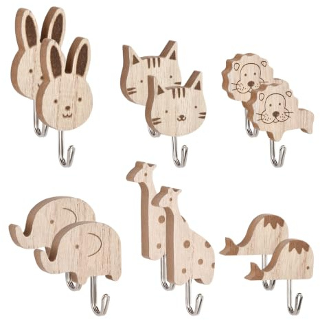 12 Pcs Wooden Animal Wall Hooks Self-Adhesive Kids Coat Hooks for Decor
