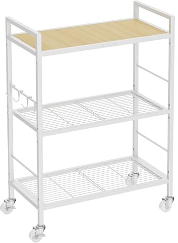 3-Tier kitchen trolley,Oak Wood Top,60W×30Dcm,4 Hooks, Adjustable Shelves