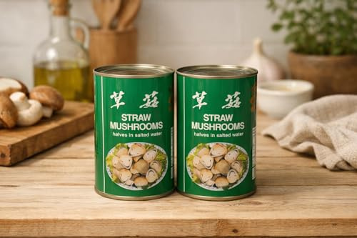 Canned Straw Mushrooms Halves in Salted Water, for Stir Fries, Soups and Recipes, Pack of 2, 425g