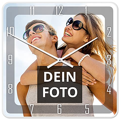 PhotoFancy® - Uhr mit Foto Bedrucken - Fotouhr aus Acrylglas - Wanduhr mit eigenem Motiv selbst gestalten (35 x 35 cm eckig, Design: Klassisch schwarz/Zeiger: weiß)