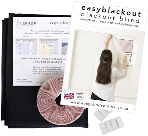 Easyblinds Easyblackout Verdunkelungsrollo, selbstklebend, Schwarz, für Fenster bis 200x135cm, Zuschnitt in jeder Form und Größe, patentiertes Design für vollständige Verdunkelung