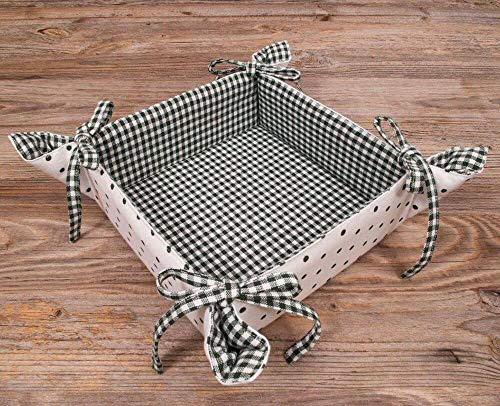 Brotkorb Stoff LISE 20x20 cm - Eckiger Brötchenkorb in grün kariert mit Punkten - Nachhaltig aus 100% Baumwolle, waschbar bei 30°, Landhausstil für Brot, Brötchen, Gebäck oder Tischdekoration