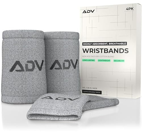 ADV Tennis & Pickleball Wristbands, Slim & Absorbent (Gray, M/L, 4-Pack)