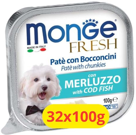 Monge Fresh Patè con Bocconcini Umido Cane con Merluzzo - 32x100g