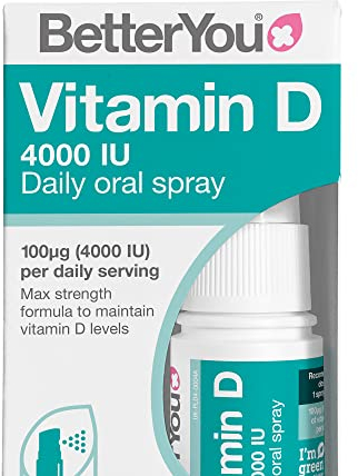 BetterYou Vitamin D3 4000 IU Oral Spray, Fast Acting High Strength Vitamin D3 Supplement, 3-Month Supply, Natural Peppermint Flavour, Made in The UK