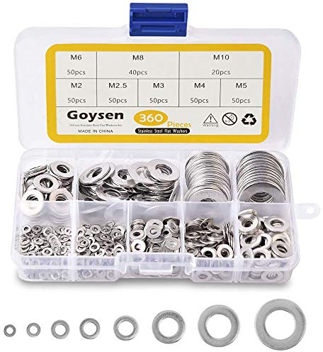 Goysen Stainless Steel Flat Washers, 360PCS Assorted Flat Metal Washers with Plastic Compartment Container - 8 Different Sizes (M2 M2.5 M3 M4 M5 M6 M8 M10) for Home, Automotive & Shop Use
