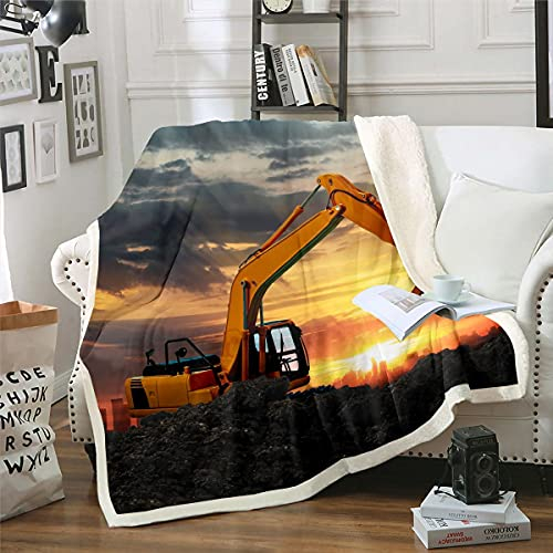 Homewish Bagger Decke, LKW Traktor Sherpa Decke 150X200 Für Kinder Jungen Mädchen Teenager, Baufahrzeug Plüsch Bettdecke Ausrüstung Auto Cartoon Fleece Decke Bettwäsche Dekor, Gold