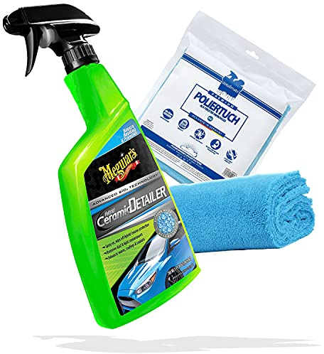 detailmate Ceramic Detailer Set Profi Poliertuch 550 GSM 40x40cm + Meguiars Hybrid Ceramic Detailer 768ml - Lackschutzpflege - frischt Versiegelungen auf - für verbesserten Lotuseffekt